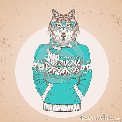 Retro Hipster fashion animal wolf dressed up in pullover. Vector Illustration