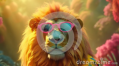 Retro hipster illustration with black fashion lion wearing sunglasses. Trendy illustration. Cute safari wildlife animal Cartoon Illustration