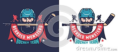 Retro hockey emblem. Hockey team mascot - bearded player in helmet with stick Vector Illustration