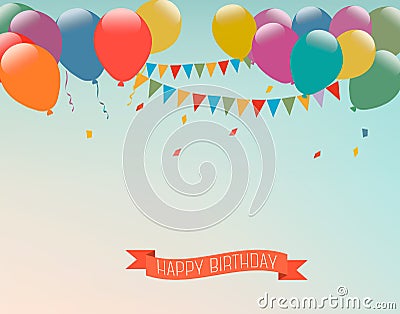 Retro holiday background with colorful balloons and a Happy Birthday ribbon. Vector. Vector Illustration