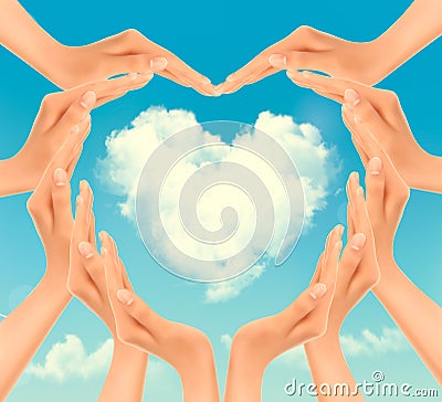 Retro Holiday background with hands making a heart and cloud. Vector Illustration