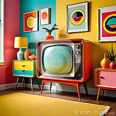 Retro home television set tv 1960 color decoration Cartoon Illustration