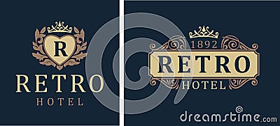 Retro Hotel. Letter emblem R in heart with crown. Luxury logotype template calligraphic ornament lines. Vector icon for the hotel Vector Illustration