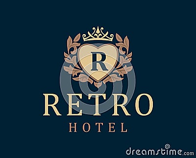 Retro Hotel. Letter emblem R in heart with crown. Vector Illustration