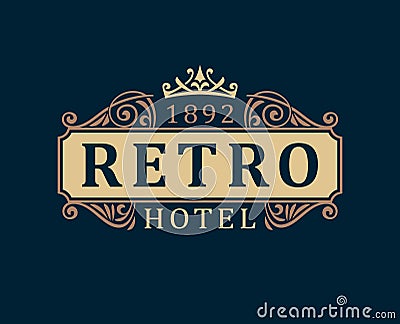 Retro Hotel. Luxury Logo template calligraphic ornament lines. Vector Illustration