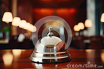 Retro Hotel Reception Counter desk with Bell, Vintage Service Bell, Generative AI Illustration Stock Photo