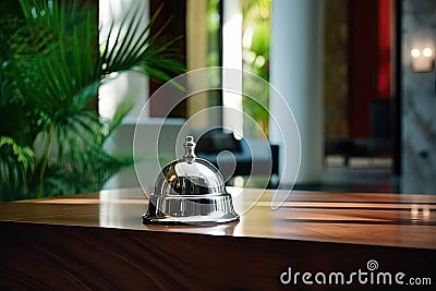 Retro Hotel Reception Counter desk with Bell, Vintage Service Bell, Generative AI Illustration Stock Photo