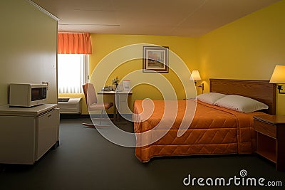 Retro hotel room interior with bed, table and chair. Generative AI Stock Photo