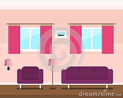 Retro hotel room with two windows and pink wall, vector Vector Illustration