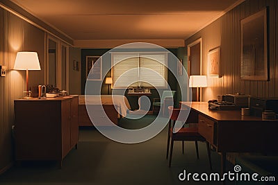 Retro hotel room with vintage decor and interior Stock Photo