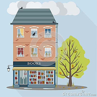 Retro house with books shop Vector Illustration