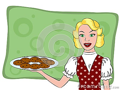 Retro housewife holding a cookie Cartoon Illustration