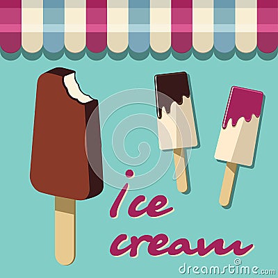 Retro ice cream poster. Vintage illustration sign. Background template with delicious homemade dessert. Cartoon Illustration