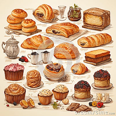 retro illustration of bread croissants berries fruit bakery food chees Cartoon Illustration
