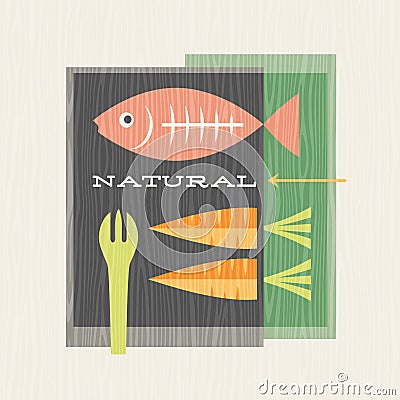Retro illustration of healthy foods includes salmon fish and carrots Vector Illustration