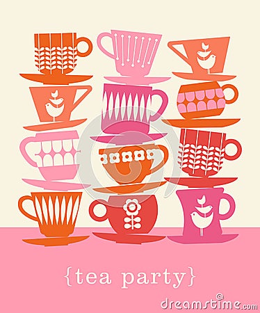 Retro illustration of stacks of tea cups Vector Illustration