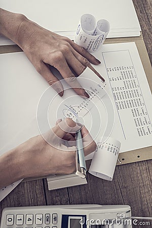 Retro image of accountant checking figures Stock Photo