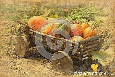 Retro image of old wooden cart with pumpkins. Stock Photo