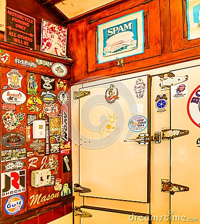Retro Vintage Interior of American Diner with Refrigerator Editorial Stock Photo