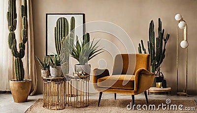 Retro interior design of living room with stylish vintage chair and table, plants, cacti, personal accessories Stock Photo