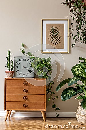 Retro interior design of living room with design vintage commode. Stock Photo