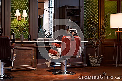 Retro Interior Of Stylish Barber Shop. Vintage Chair And Big Mirror With Warm Light.3d Rendering Stock Photo