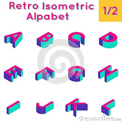 Retro isometric bright computer game alphabet set Vector Illustration
