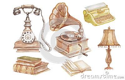 Retro items phone, typewriter, records, hand drawn watercolor illustration. Large set of individual elements Cartoon Illustration