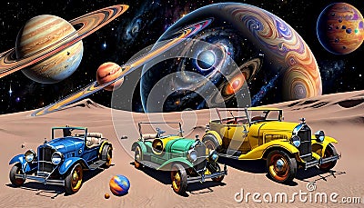 Retro jalopy tour car transportation universe planet milky way travel Cartoon Illustration