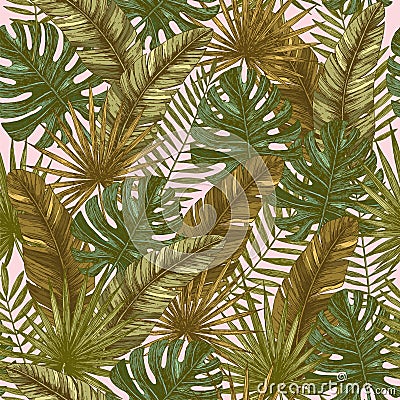 Tropical leaves seamless pattern. Retro jungle wallpaper. Stock Photo