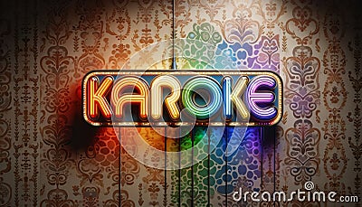 Retro Karaoke Neon Sign on Vintage Wallpaper Stock Photo