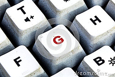Retro Keyboard with D button in red color. D button keyboard in close up macro Stock Photo