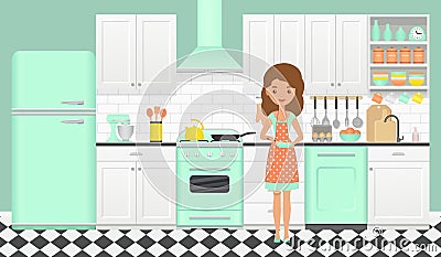 Retro kitchen with cooking girl. Vector illustration in flat design Vector Illustration