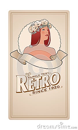 Retro label with pretty girl adorned with flowers and empty text banner and sample text. Vintage style Stock Photo
