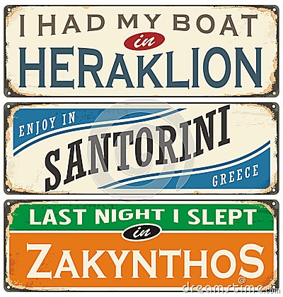 Retro labels with towns in Greece Vector Illustration