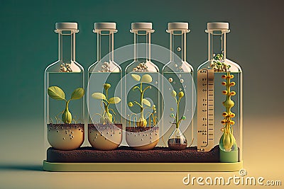 retro laboratory setting with seeds germinating in test tubes Stock Photo