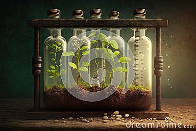 retro laboratory setting with seeds germinating in test tubes Stock Photo