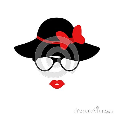 Retro lady in the black elegant hat with bow. Woman face. Boutique concept. Vector Vector Illustration