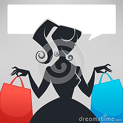 Retro lady, shopping bags and speech bubble Vector Illustration