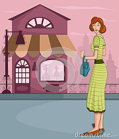 Retro lady shopping Vector Illustration