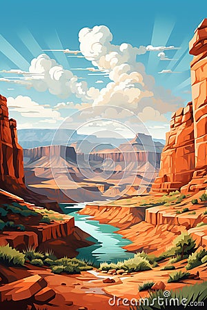 Retro landscape poster. Traveling to canyon. Generative AI Stock Photo