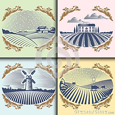 Retro landscapes vector illustration farm house agriculture graphic countryside scenic antique drawing. Vector Illustration