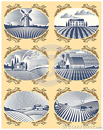 Retro landscapes vector illustration farm house and field agriculture graphic countryside scenic antique drawing. Vector Illustration