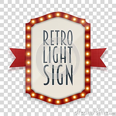 Retro Light Sign with Lamps and red Ribbon Vector Illustration