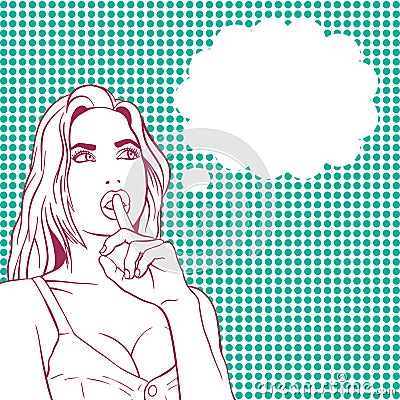 Retro line art style vector portrait. Pop Art Vintage advertising poster comic girl with speech bubble. Confused thinking pretty g Vector Illustration