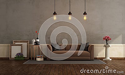 Retro living room with brown sofa Stock Photo