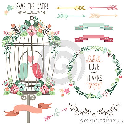 Retro Love Birdcage and Wedding Flowers Vector Illustration