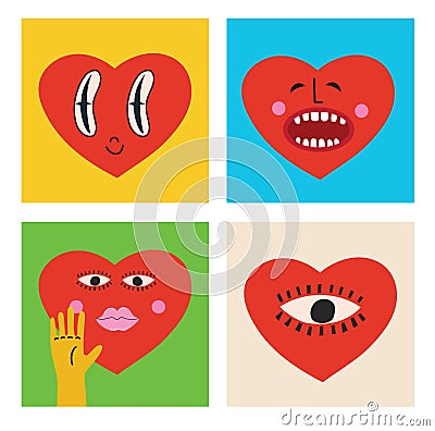 Retro love crazy and smeared heart smiley face. Hippie groovy smile character vector set. Valentine day concept. Vector Vector Illustration