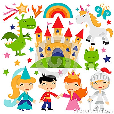 Retro Magical Fairytale Kingdom Set Vector Illustration