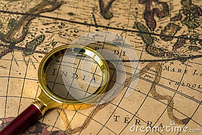 Retro magnifier with old map Stock Photo